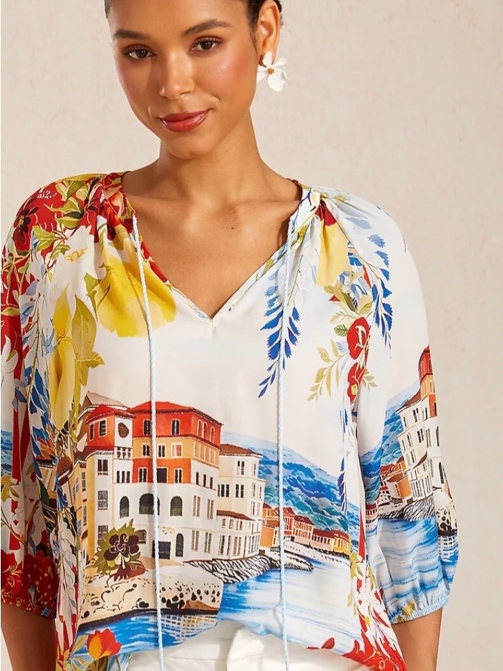 Ador Women’s Coastal Print Tie-Neck Blouse in Santorini Size Small NWT